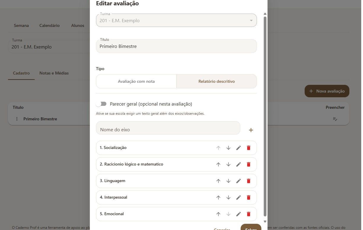 Tela de edição de avaliação descritiva