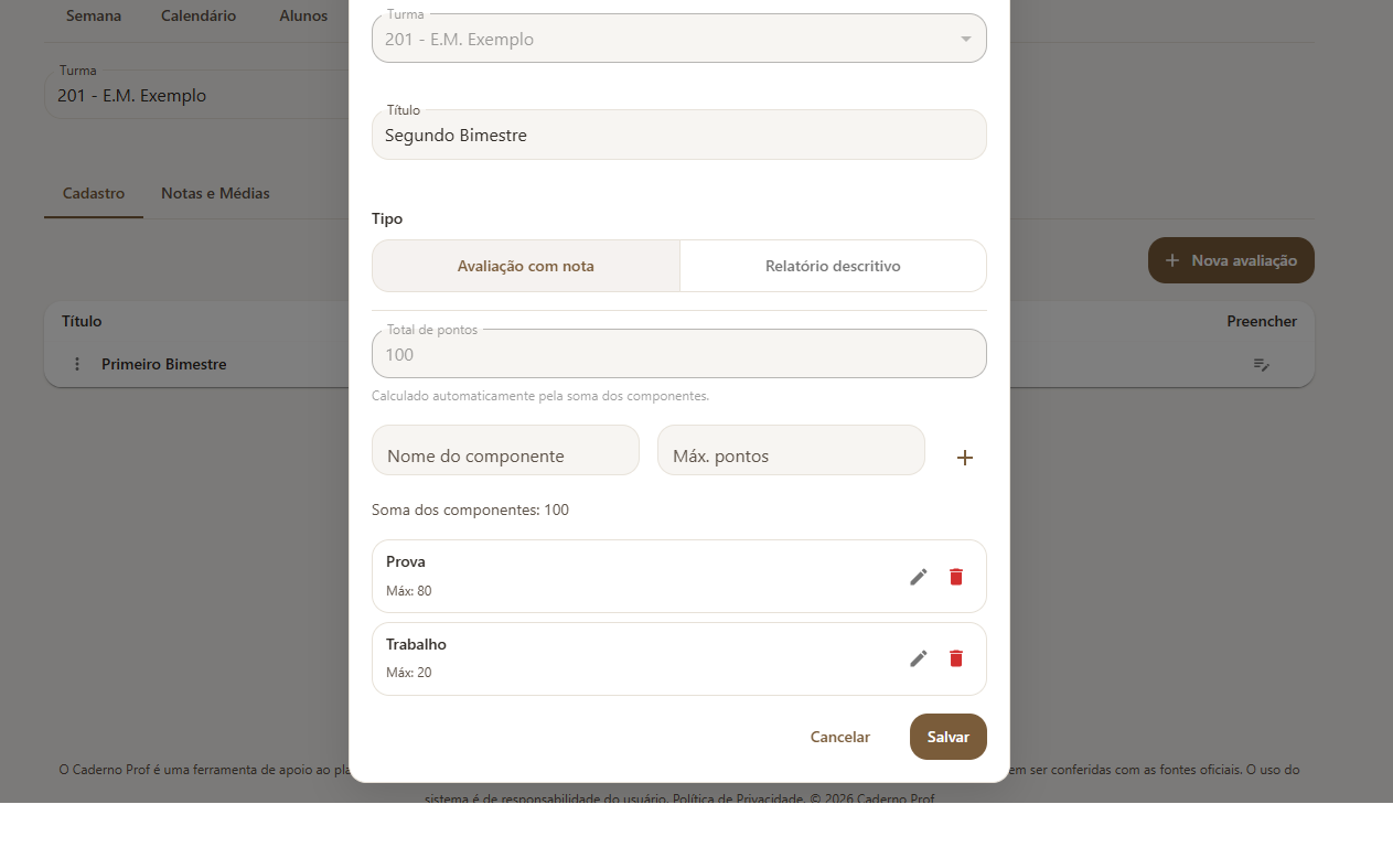 Tela de edição de avaliação por nota