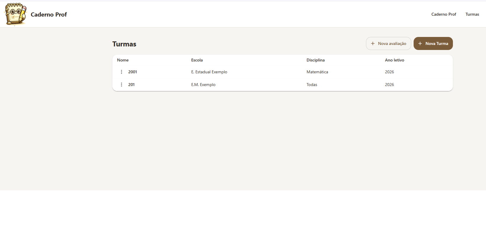 Tela com múltiplas turmas no Caderno Prof