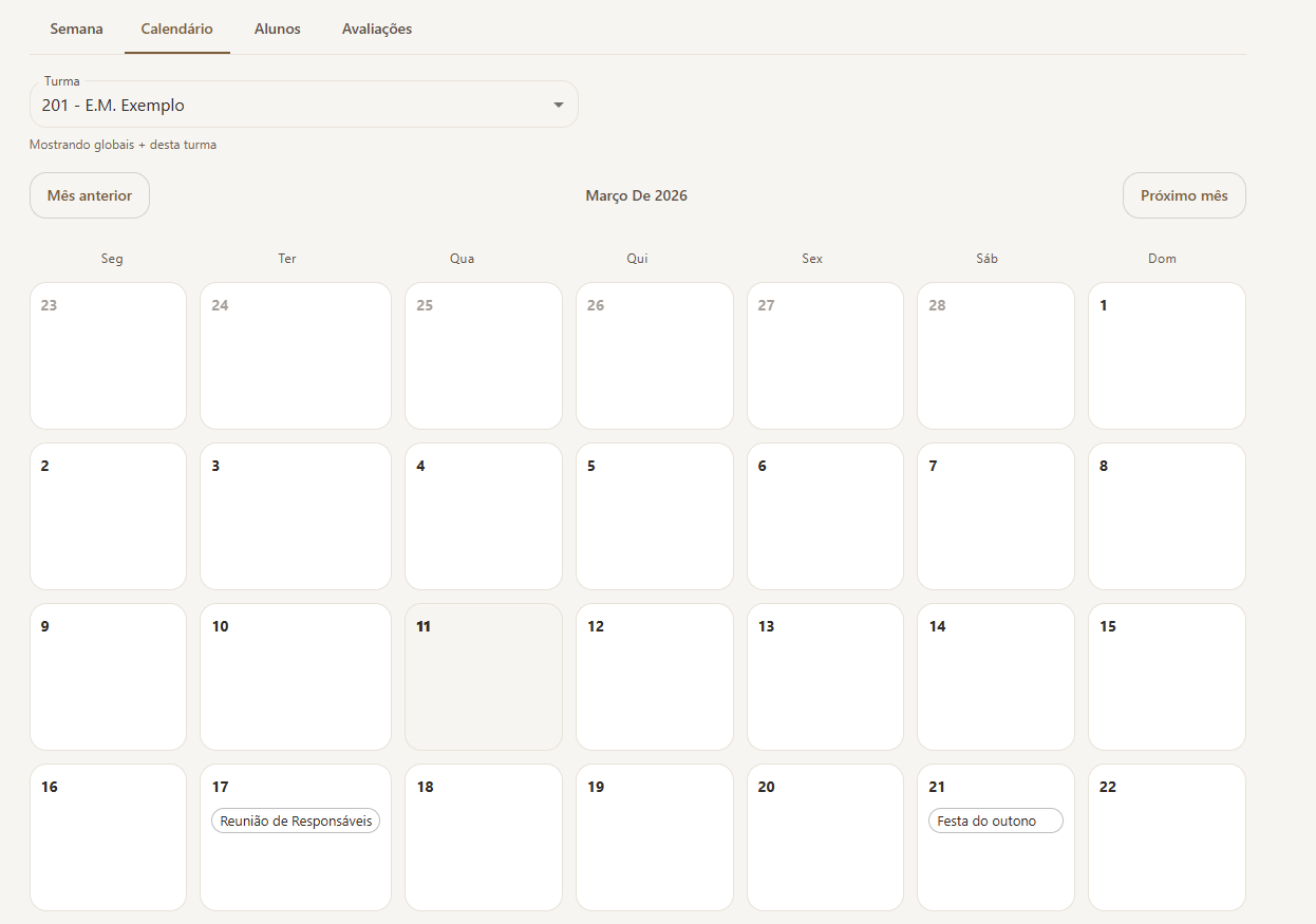 Tela do planner mensal (eventos e datas importantes)