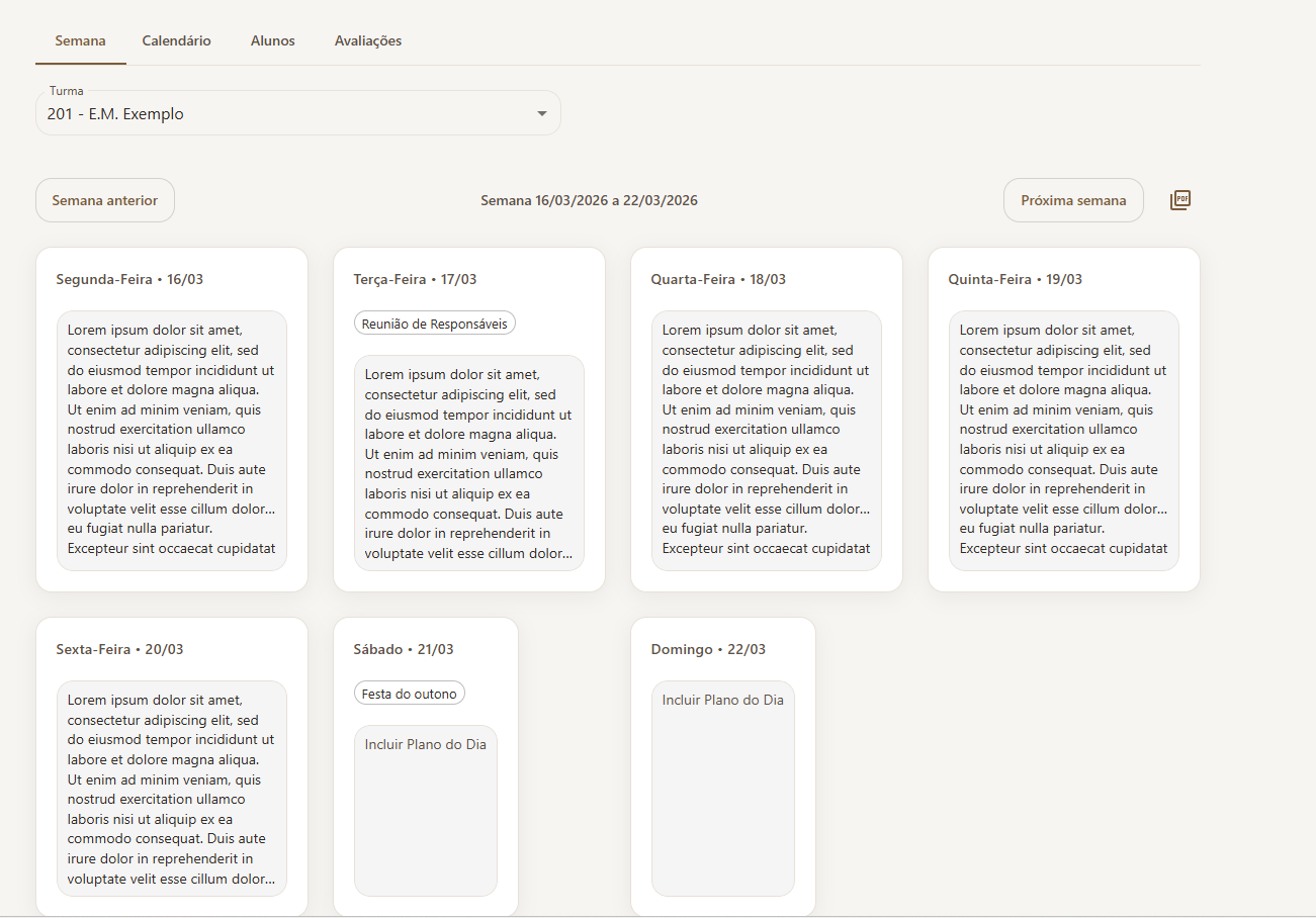 Tela do planner semanal no Caderno Prof